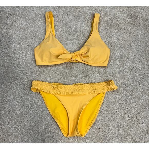 Hollister Yellow Tie Front Bikini Top Size M Cheeky Smocked Waist Bottom Size S - Picture 1 of 3